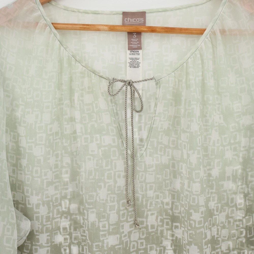 Chicos Sage Green Ombre Geometric Top Sheer Boho Coastal‎ Layering Size 3/XL - Picture 2 of 10